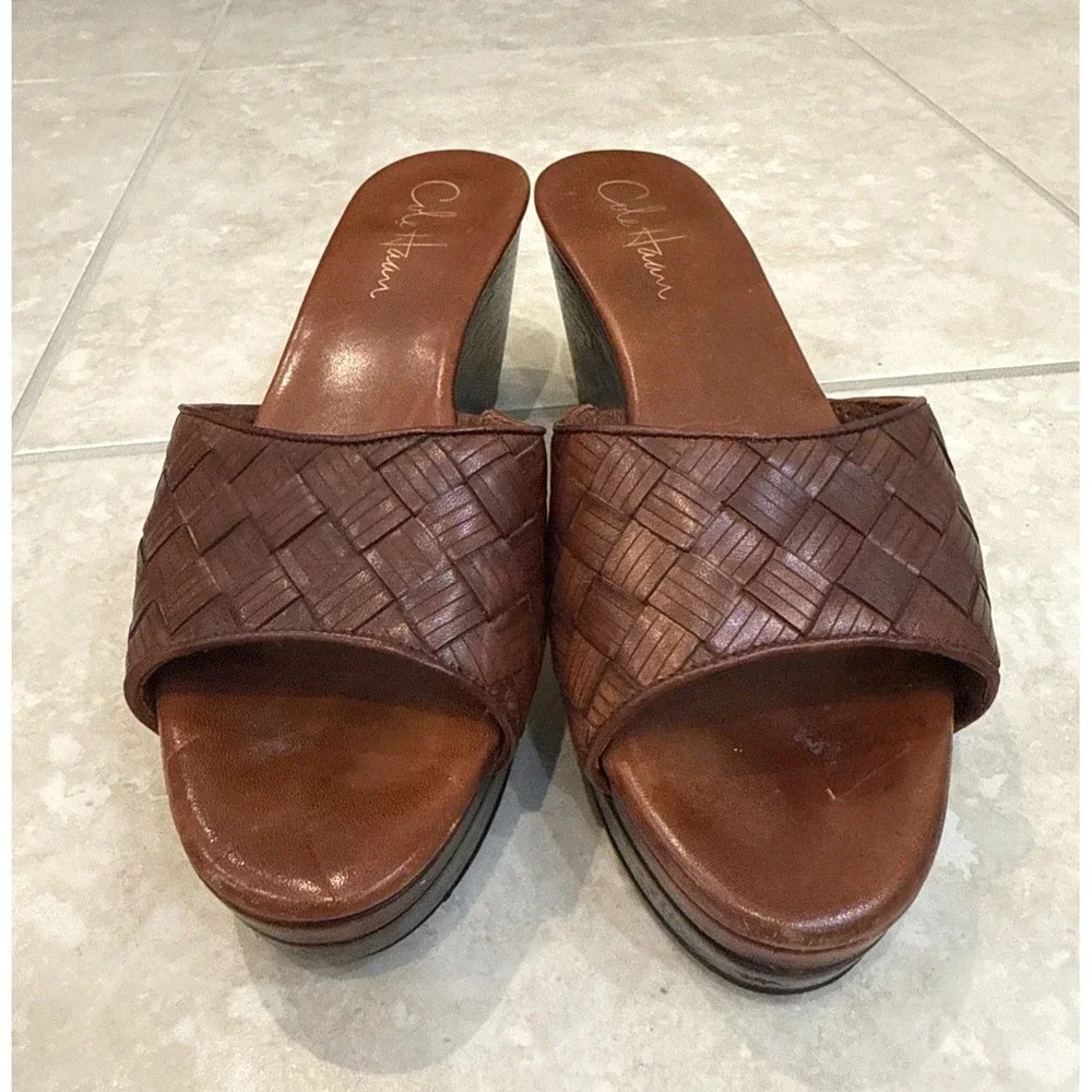 Cole Haan‎ Air Footbed Slip On Brown Woven Leather Wedge Sz 7.5 B Comfort